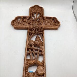 Carved Wood-Look Christian Cross Wall Art - Last Supper